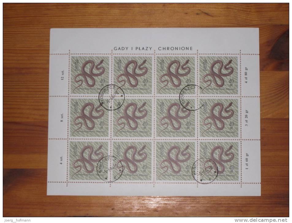 Polen Poland Sheet Bogen Snake Schlange Gestempelt 0 Used 40 Gr. Snake 5.6.1964 Byogoszcz Druckereizeichen - Serpents