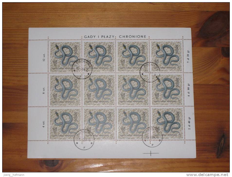 Polen Poland Sheet Bogen Snake Schlange Gestempelt 0 Used 60 Gr. Stempel 5.6.1964 Poznan Druckereizeichen - Snakes