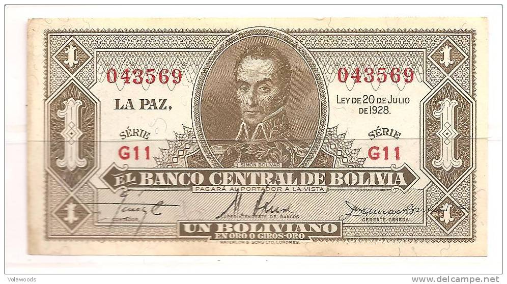 Bolivia - Banconota Circolata QFDS Da 1 Boliviano - 1928 - Bolivia