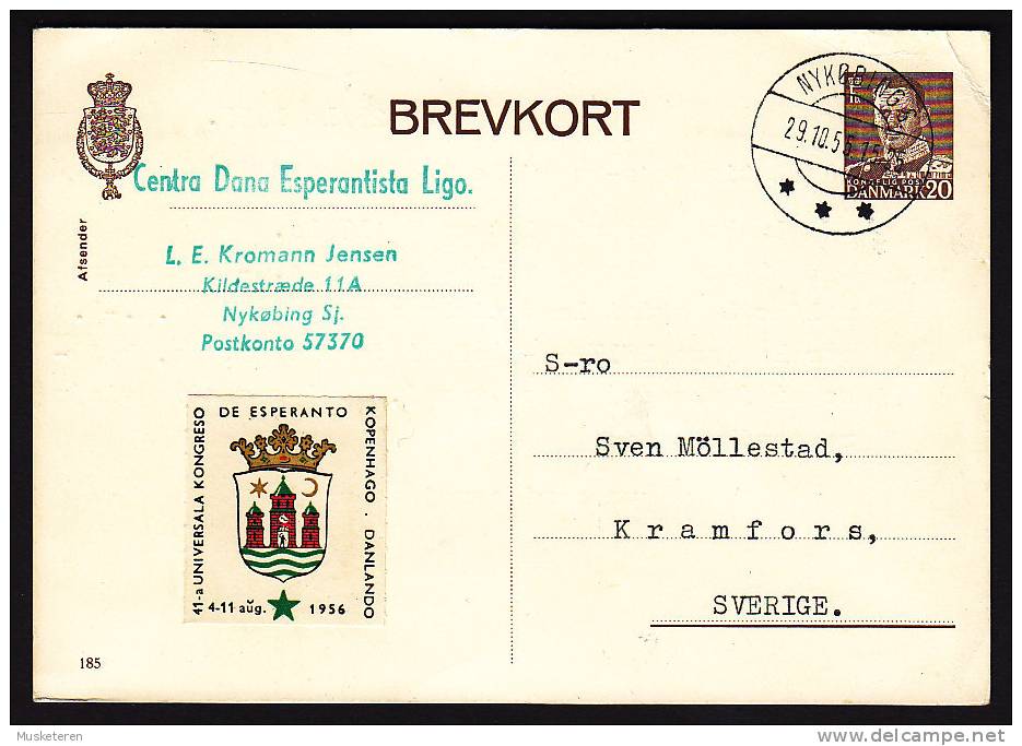 Denmark Postal Stationery Ganzsache Entier NYKØBING S. 1955 To Sweden ESPERANTO Kongress Label (2 Scans) - Interi Postali