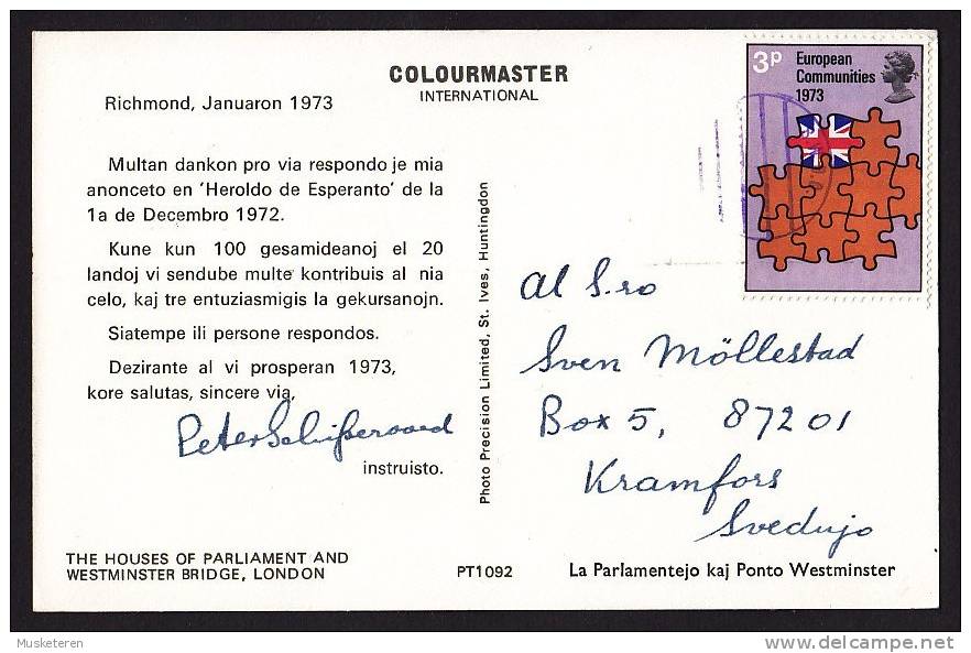 Great Britain PPC RICHMOND 1973 To KRAMFORS Sweden Printing In ESPERANTO & Original Signature(2 Scans) - Lettres & Documents