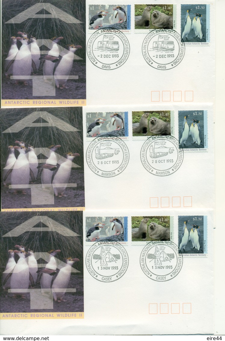 AAT Australian Antarctic 1993 3 FDC Station Mawson Davis Casey Penguin Seal - FDC