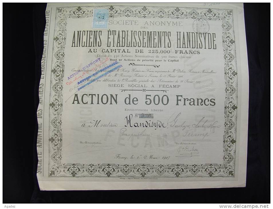 Action De 500 Francs " Et.Handisyde " Fécamp 1907 Bon état. - Industrie