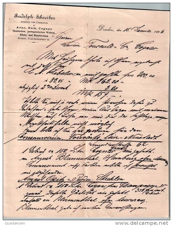 Lettre  2 Feuilles  15/01/1896  -  DRESDEN  ( Dresde  Allemagne )  -  R. SCHREIBER   Arac,  Rhum, Cognac - 1800 – 1899