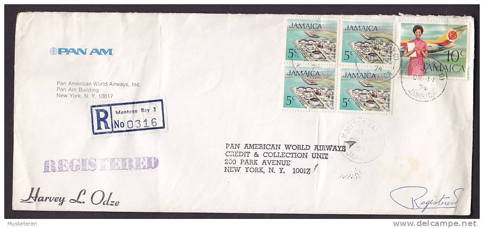 Jamaica PAN AM Registered Recommandée Einschreiben MONTEGO BAY 1974 Cover To NEW YORK USA 4-Block (2 Scans) - Jamaica (1962-...)