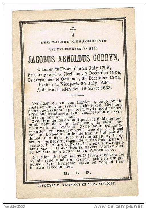 EESSEN - OOSTENDE  - NIEUWPOORT , Doodsprentje Van  PASTOOR Jacobus Arnoldus GODDYN +1863 ! ! ! - Historische Dokumente