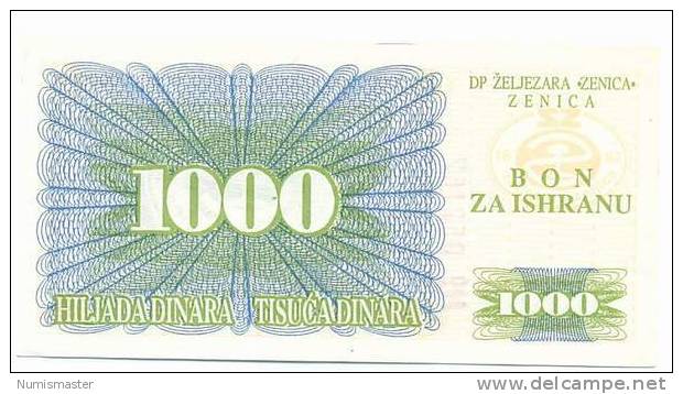 BOSNIA , 1000 DINARA 1992 , ZENICA , UNC - Bosnië En Herzegovina