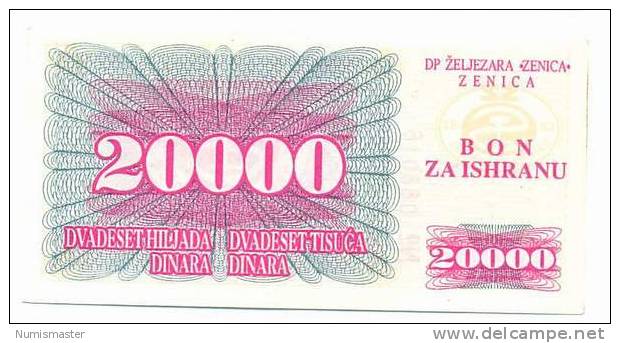 BOSNIA , 20 000 DINARA 1992 , ZENICA , UNC - Bosnien-Herzegowina