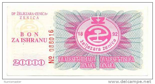 BOSNIA , 20 000 DINARA 1992 , ZENICA , UNC - Bosnien-Herzegowina