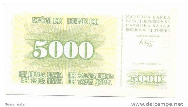 BOSNIA , 5000 DINARA 25.1.1993. P-16a , UNC - Bosnien-Herzegowina