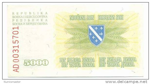 BOSNIA , 5000 DINARA 25.1.1993. P-16a , UNC - Bosnien-Herzegowina