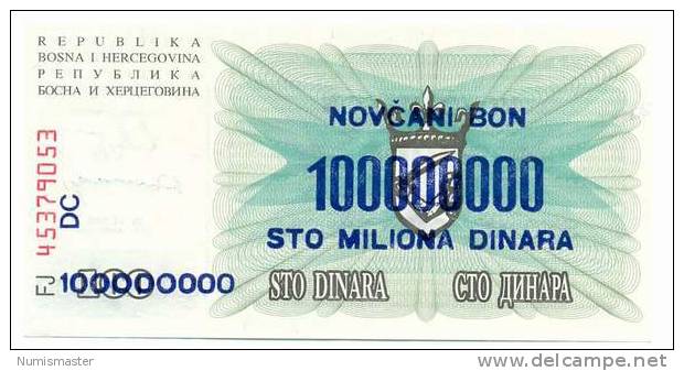 BOSNIA , 100 000 000 / 100 DINARA 10.11.1993. P-37, UNC - Bosnien-Herzegowina