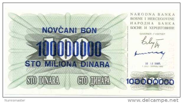 BOSNIA , 100 000 000 / 100 DINARA 10.11.1993. P-37, UNC - Bosnie-Herzegovine