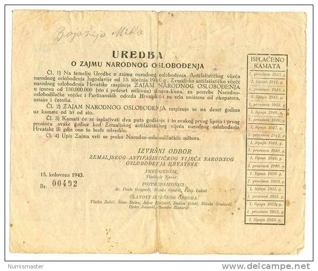 RRR CROATIA , ANTI FASCHIST AUTHORITY (ZAVNOH) LOAN 1000 KUNA / DINARA 15.1.1943. - Croatie