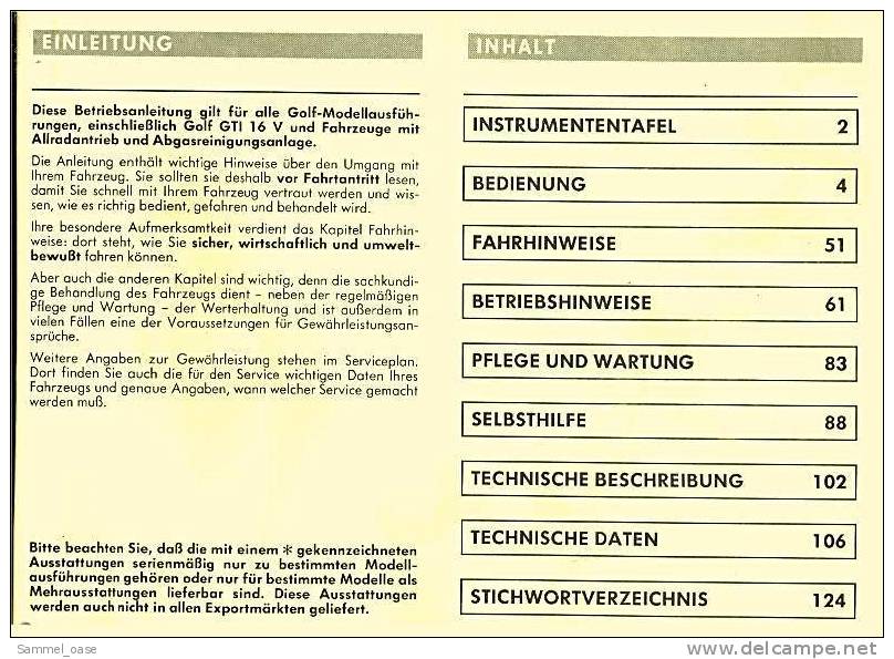 1986  VW Golf  Betriebsanleitung / Handbuch  -  Bedienung , Sicherheit , Wartung - Manuels De Réparation