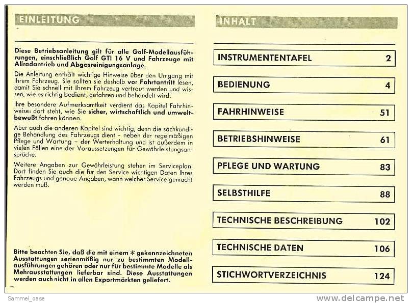 1986  VW Golf  Betriebsanleitung / Handbuch  -  Bedienung , Sicherheit , Wartung - Reparaturanleitungen