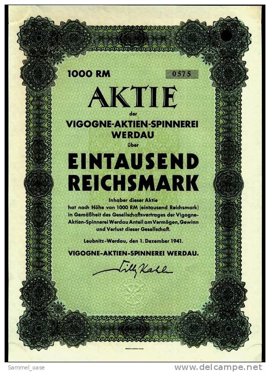 1941 Aktie Hist. Wertpapier , Vigogne Aktien Spinnerei Werdau  - 1000 Eintausend Reichsmark - Industrie