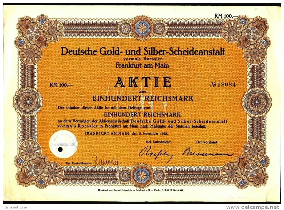 1928 Aktie Hist. Wertpapier , Deutsche Gold- Und Silber-Scheideanstalt  - 100 Einhundert Reichsmark - Industrie