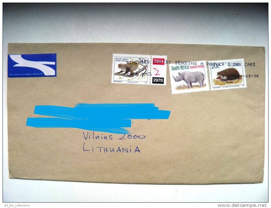 Animals, Monkey, Rhinoceros, Hedgehog, Cover Sent From South Africa RSA To Lithuania, On 1998, - Affen