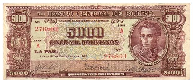 BOLIVIA NOTE 5000 BOLIVIANOS LAW 1945 P 145 - Bolivie