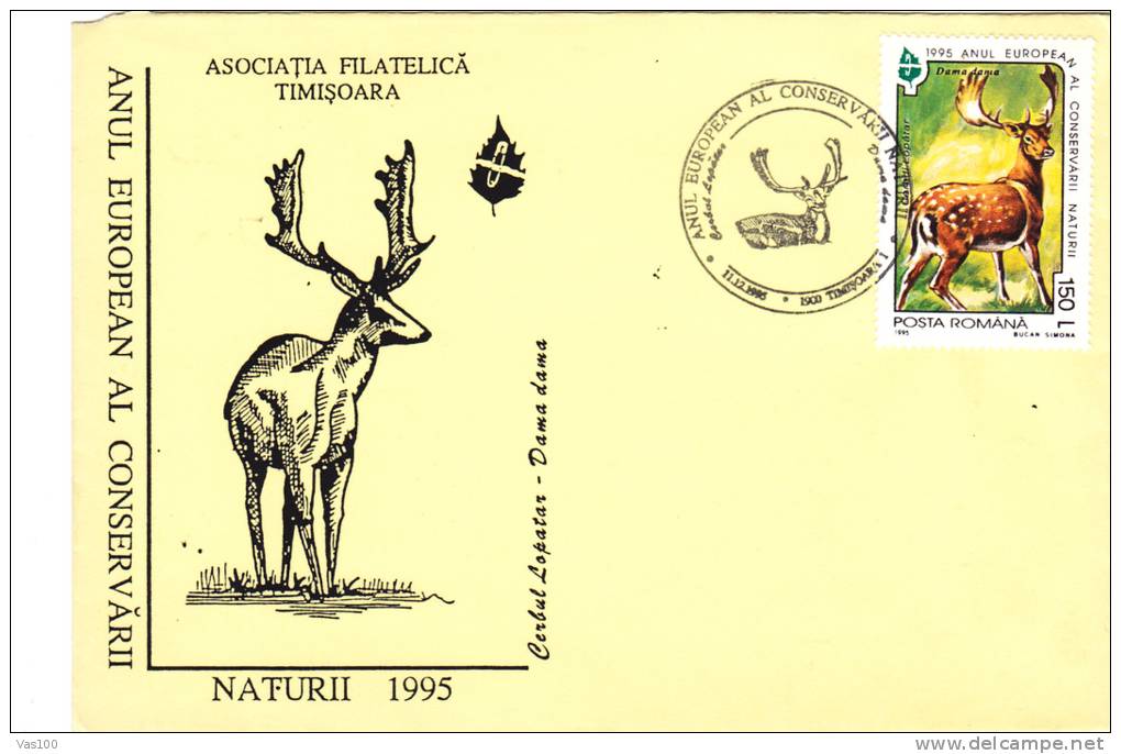 DEER, NATURE CONSERVATION EUROPEAN YEAR, 1995, SPECIAL COVER, OBLITERATION CONCORDANTE, ROMANIA - Game