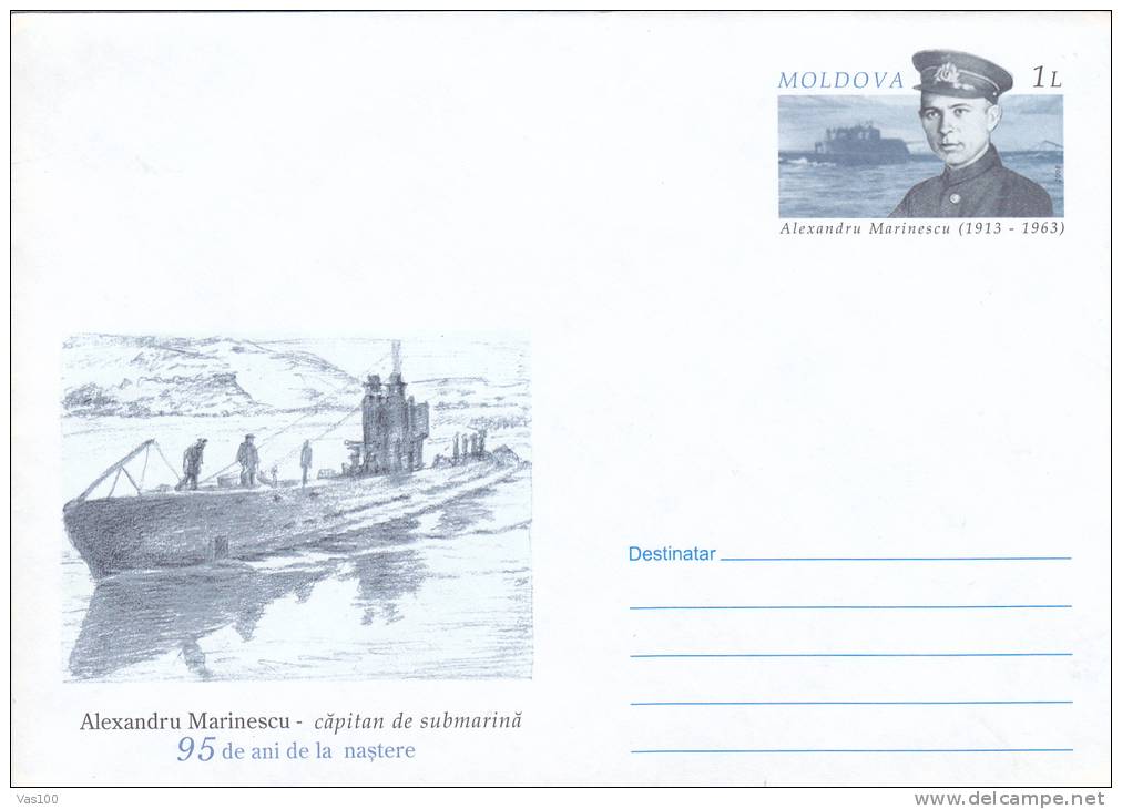ALEXANDRU MARINESCU, SUBMARINE CAPTAIN, 2008, COVER STATIONERY, ENTIER POSTAL, UNUSED, MOLDOVA - Submarines