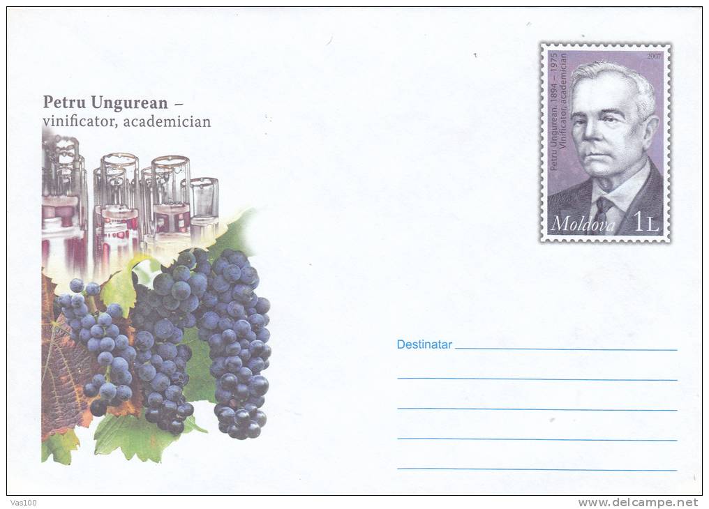 PETRU UNGUREAN, VINIFICATOR, GRAPES, WINE, 2007, COVER STATIONERY, ENTIER POSTAL, UNUSED, MOLDOVA - Wines & Alcohols