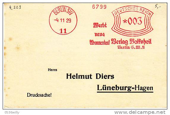 D-Berlin 1929. Presse Press. Werbt Neue Abonnenten Verlag Volksheil (4.223) - Briefe U. Dokumente