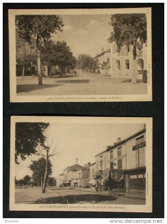 Ref1455 CPA Casteljaloux - Pl. Gambetta, Av. De Bordeaux Commerces (Tailleur, Cycles, Chaussures) - Coll. Néré. - Casteljaloux