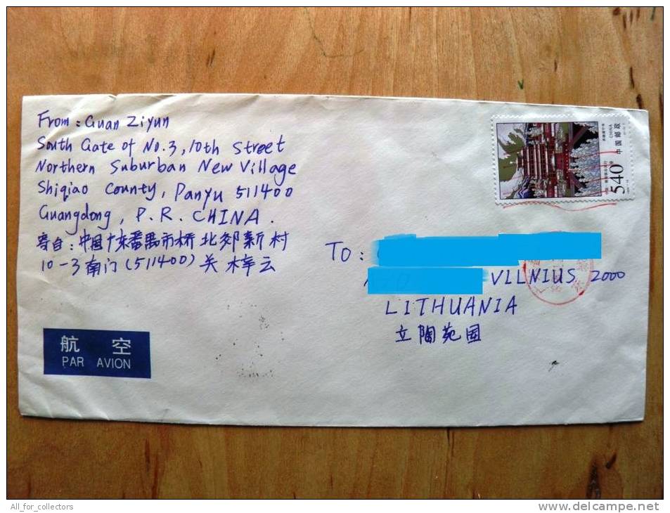 Cover Sent From China To Lithuania, 1998 - Cartas & Documentos