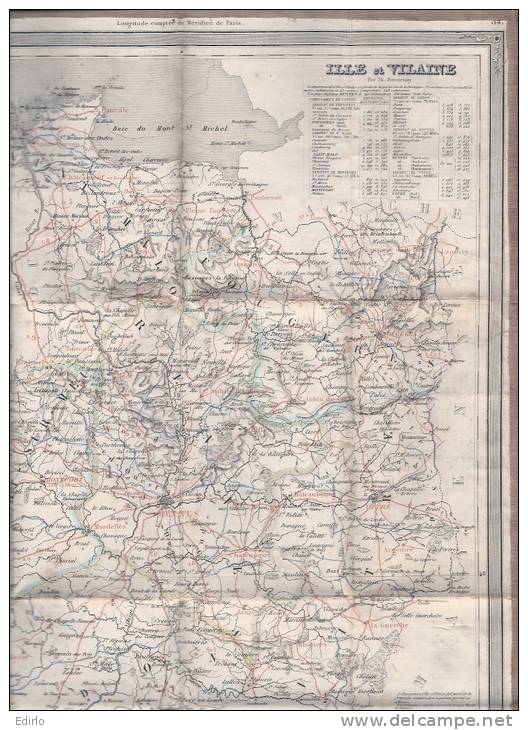 ILLE ET VILAINE Carte Routière, Géographique, Et Donnée éco Entoilée, éditée Vers 1860, 28cmX38 Cm Ouvert TTB - Cartes Routières