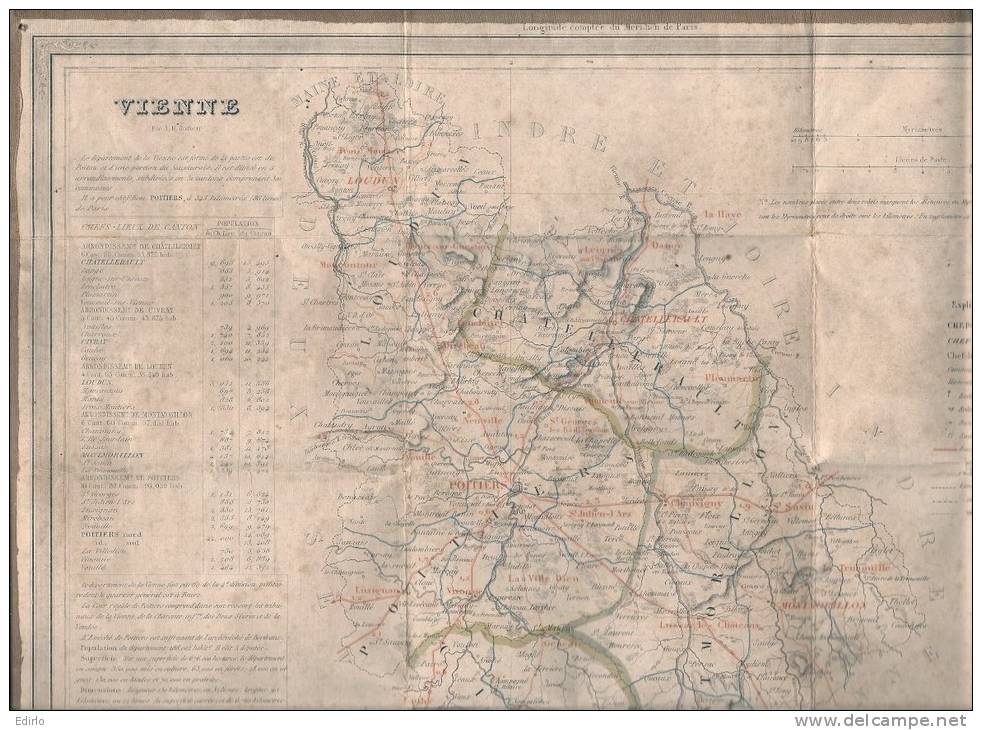 VIENNE Poitiers Carte Routière, Géographique + Données économiques, éditée Vers 1850, 28cmX38 Cm Ouvert TTB Toilée - Cartes Routières