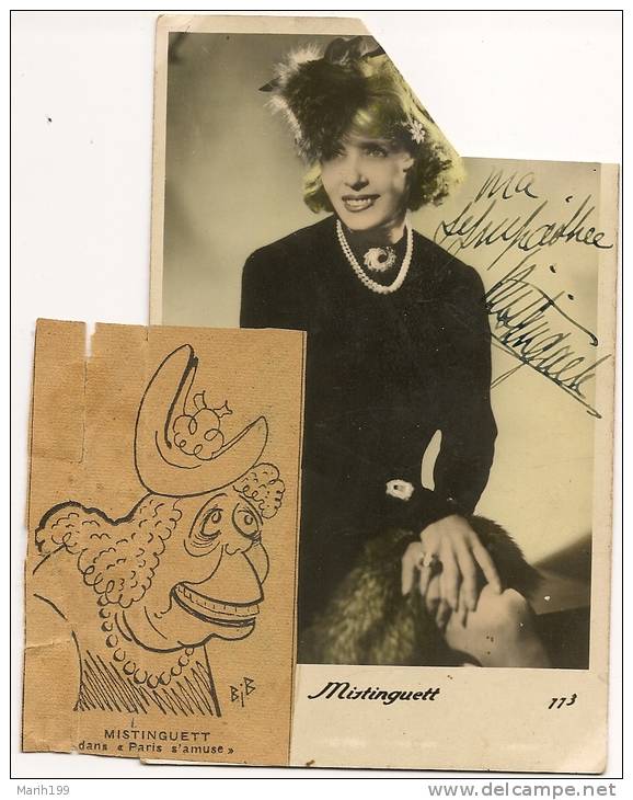 Artiste-  MISTINGUETT Avec  AUTOGRAPHE - Collé Sur Carte Caricature Dans Paris S'amuse (1949) Découpée D'un Journal - Artistes