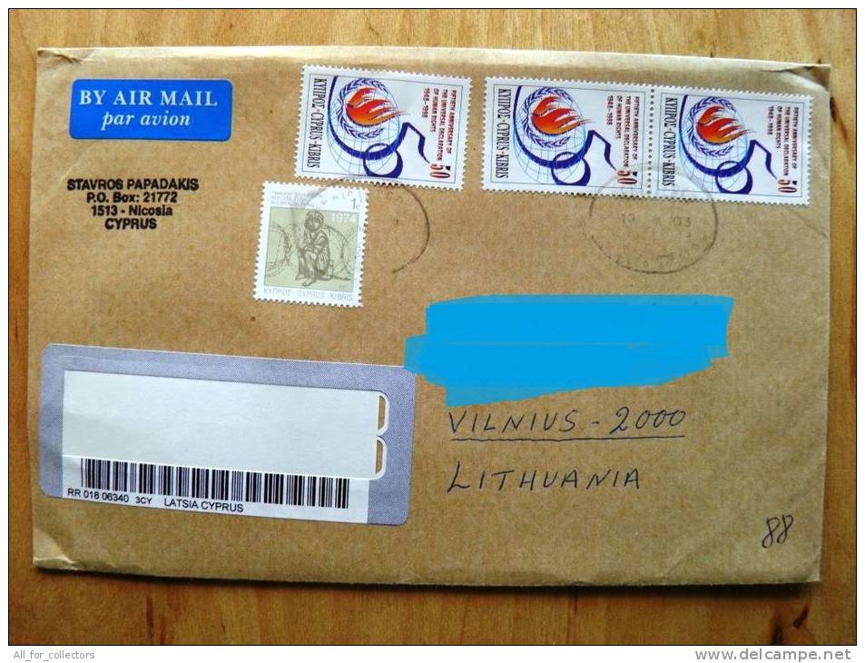 Registered Cover Sent From Cyprus To Lithuania, 50th Anniversary Of Universal Declaration Of Human Rights - Covers & Documents