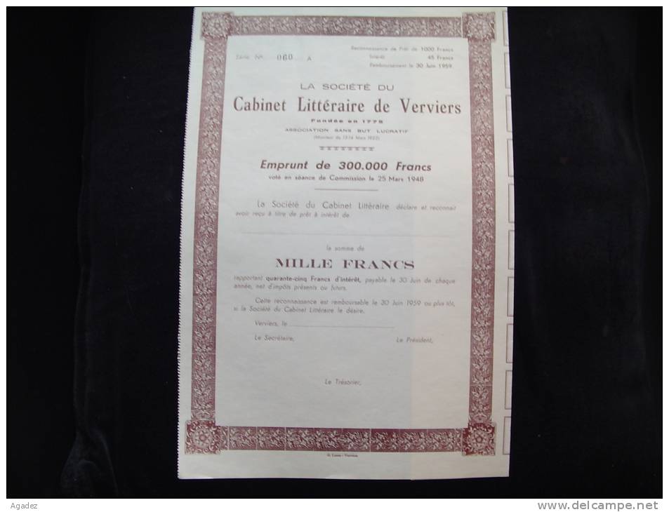 Reconnaissance De Pret De 1000F"Sté Du Cabinet Littéraire De Verviers"1948 Etat Impeccable,avec Tous Les Coupons - Casino