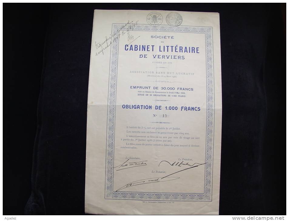 Obligation "Sté Du Cabinet Littéraire De Verviers"1935 - Casino