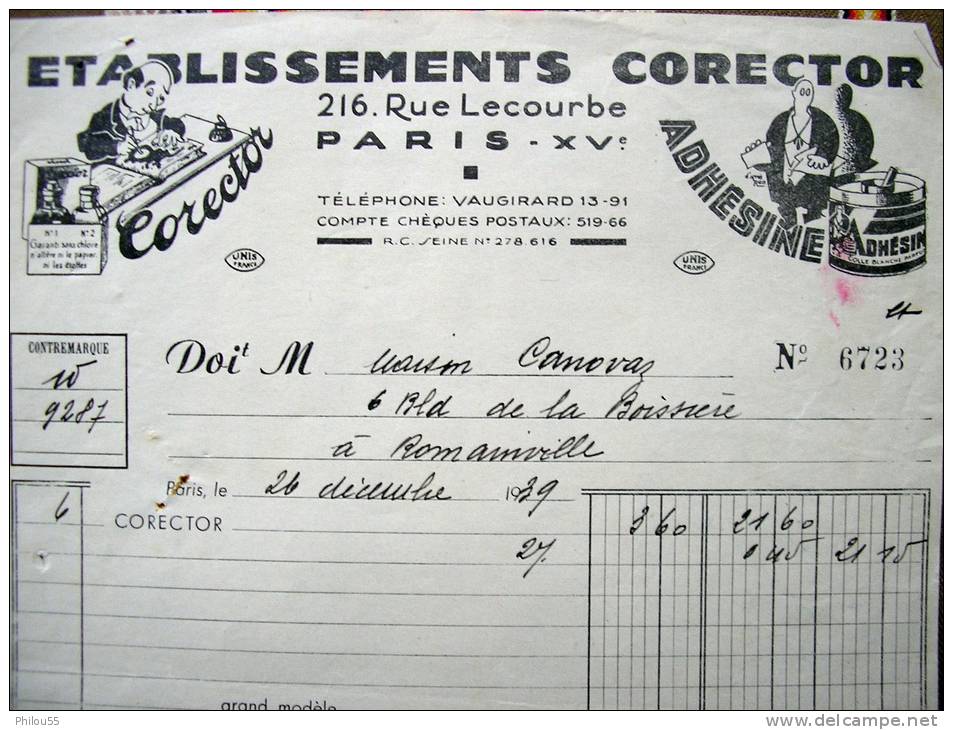 Lot 75 PARIS XVe  "ETABLISSEMENT CORECTOR"   Timbre Fiscal - Printing & Stationeries