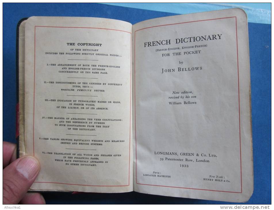 RARE MILITARIA:dictionnaire R"croix de Lorraine"R donné aux soldats alliés(anglaisfrançais)Bellow´s French dictionnary