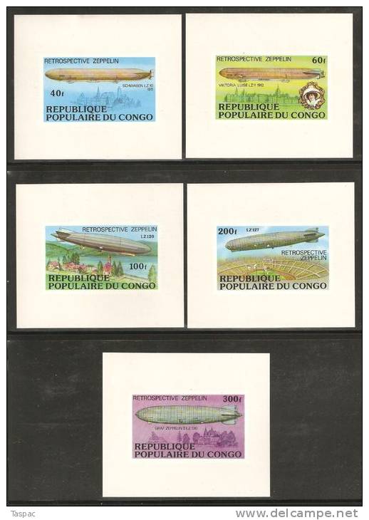 Congo (Brazzaville) 1977 Mi# 577-581 ** MNH - 5 De Luxe Souvenir Sheets - History Of The Zeppelin - Zeppelin