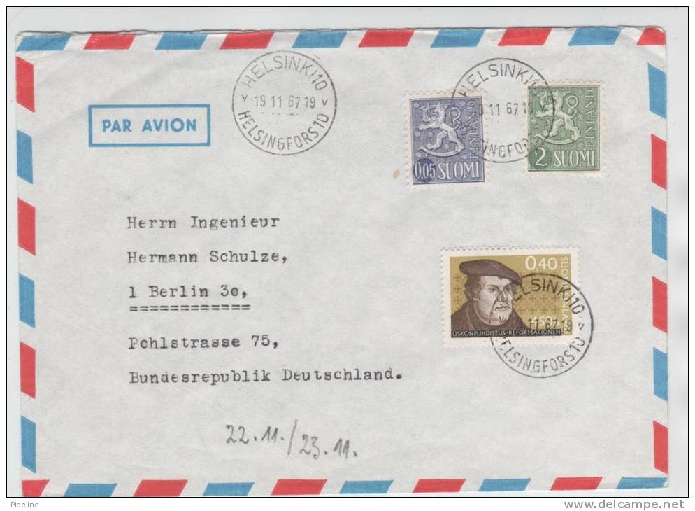 Finland Air Mail Cover Helsinki 19-11-1967 Sent To Germany - Used Stamps