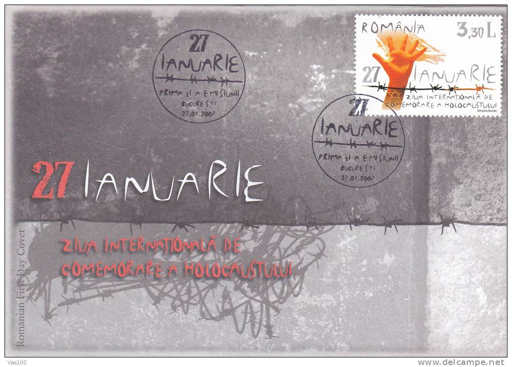 INTERNATIONAL HOLOCAUST DAY, 2007, SPECIAL COVER, OBLITERATION CONCORDANTE, ROMANIA - Jewish