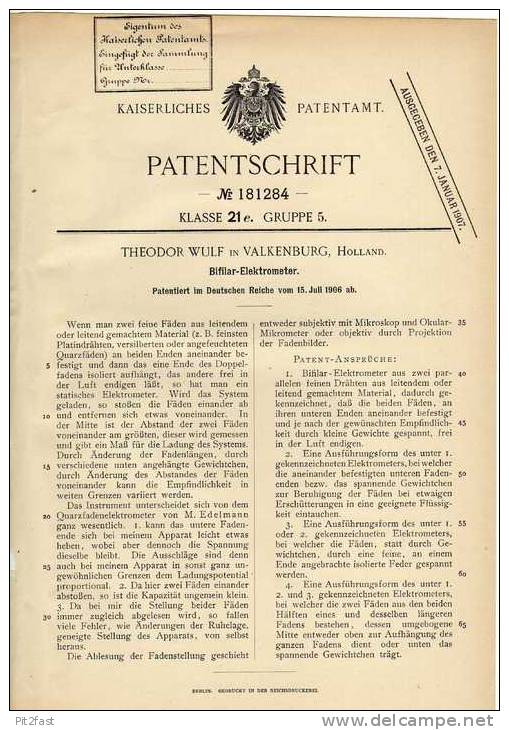 Original Patentschrift - T- Wulf In Valkenburg , Holland , 1906 , Bifilar - Elektrometer !!! - Máquinas