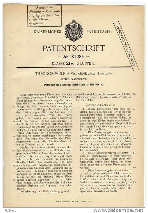 Original Patentschrift - T- Wulf In Valkenburg , Holland , 1906 , Bifilar - Elektrometer !!! - Machines
