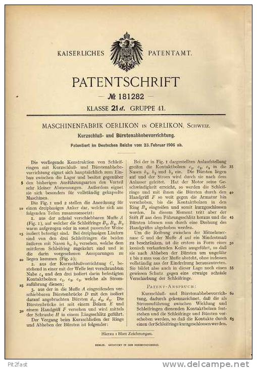 Original Patentschrift - Maschinenfabrik Oerlikon , 1906, Kurzschluß- Und Bürstenhebevorrichtung , Elektromotor !!! - Machines