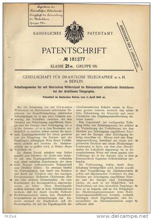 Original Patentschrift -  Drahtlose Telegraphie GmbH In Berlin , 1906 , Telegraphie Schaltung , Telephon , Telegraphy !! - Telefonía