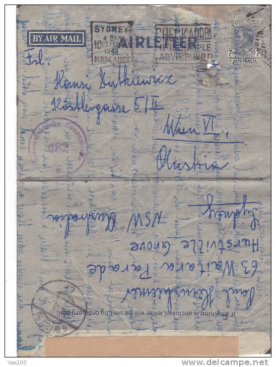 AIR MAIL, SYDNEY, AUSTRALIA, 1948, CENSORED, SENT TO AUSTRIA - Briefe U. Dokumente