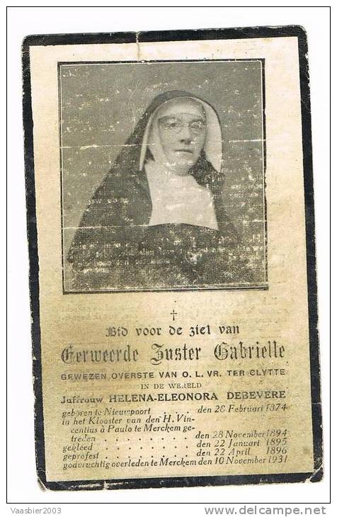 NIEUWPOORT - MERKEM  , Doodsprentje Van Zuster GABRIELLE ( Helena DEBEVERE)  + 1932 ( Zie Scan) - Religion & Esotérisme