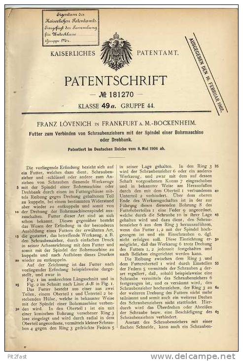 Original Patentschrift - F. Lövenich In Bockenheim , Frankfurt A.M., 1906 , Futter Für Drehmaschine , Bohrmaschine  !!! - Máquinas