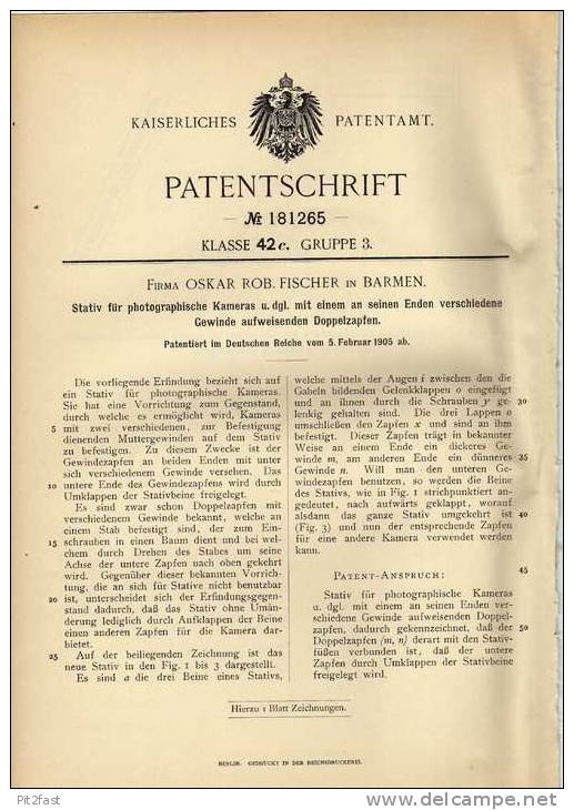 Original Patentschrift - Fa. O. Fischer In Barmen , 1905 , Stativ Für Kamera , Photographie , Fotoapparat !!! - Matériel & Accessoires