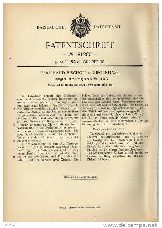 Original Patentschrift - F. Bischof In Ziegenhals , 1906, Zerlegbare Gabel , Besteck !!! - Eisenarbeiten